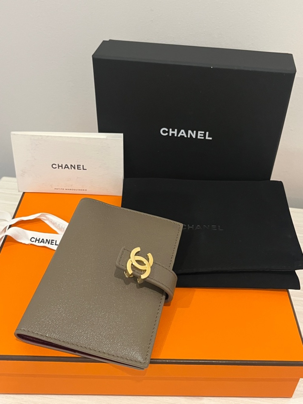 CHANEL Taupe Leather CC Turn-Lock Card Holder with Gold Hardware